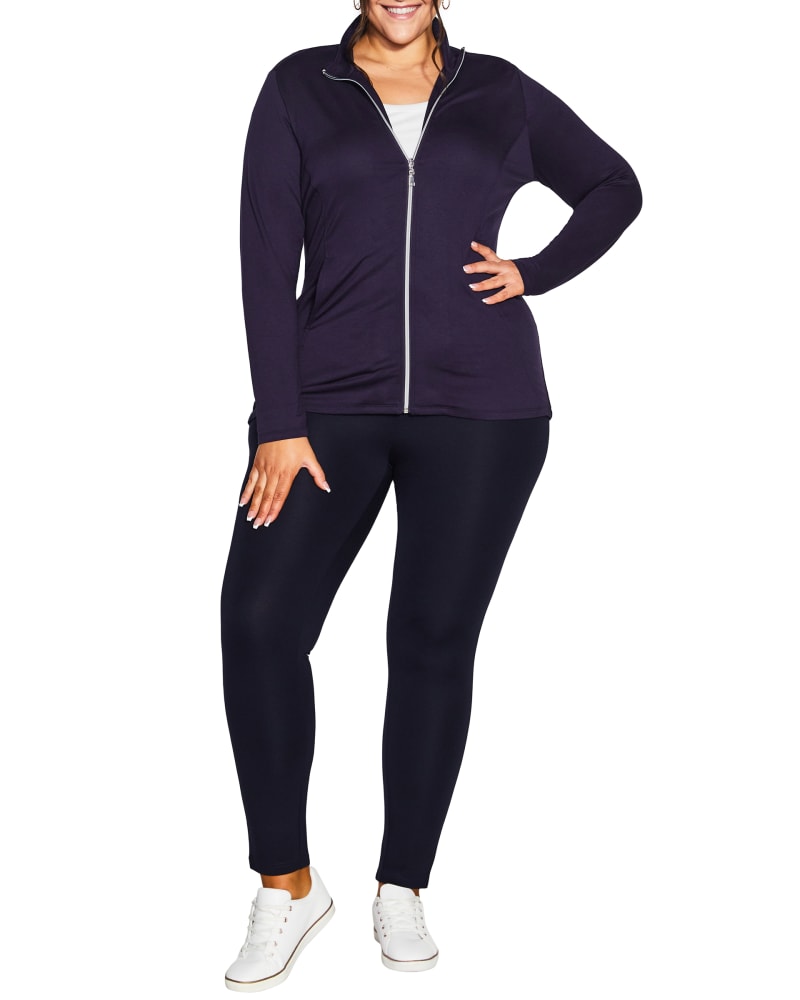 Front of a model wearing a size 22 JACKET ZIP SWING in Navy by avenue. | dia_product_style_image_id:302872